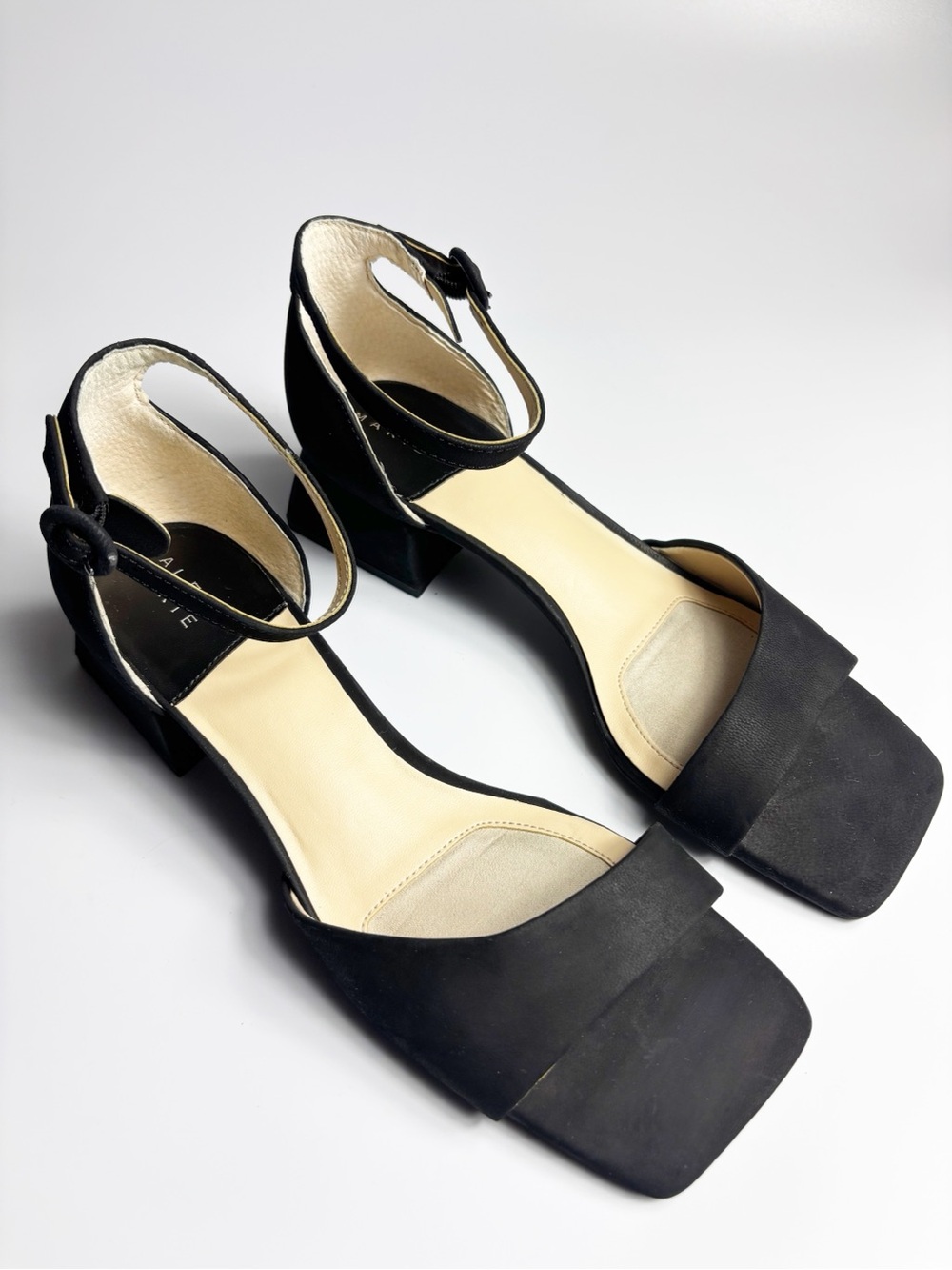 Alex Marie Black Nubuck Open Square Toe Block Heels Ankle Strap Women Size 9M